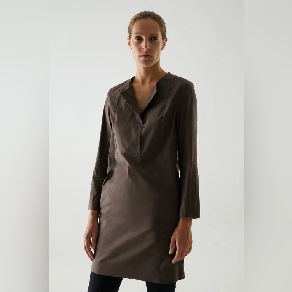 cos organic cotton brown buttoned bib dress long sleeve
